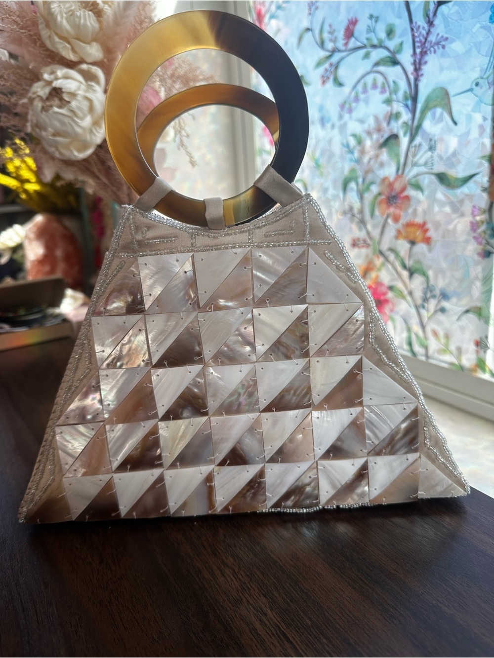 Mother of Pearl Shell Mosaic Evening Bag Tortoise Lucite Ring Handle
